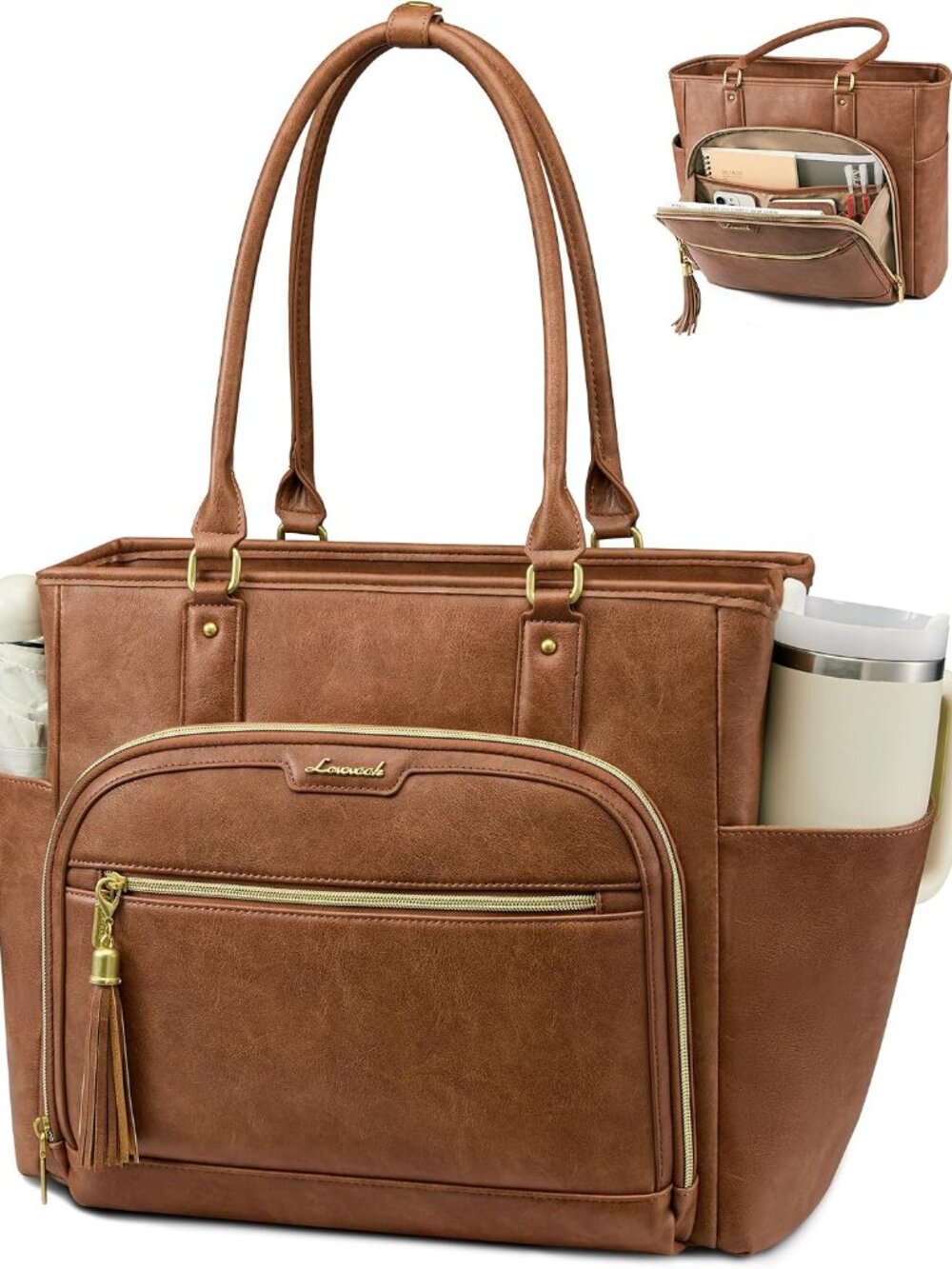 Laptop Tote Bag for Women Work, Vintage Leather Teacher Nurse Bag with Large Cup